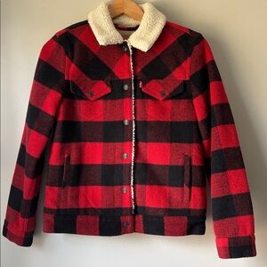 Levi's Wool Boyfriend Sherpa Trucker Jacket - Cherry Bomb Plaid size XS